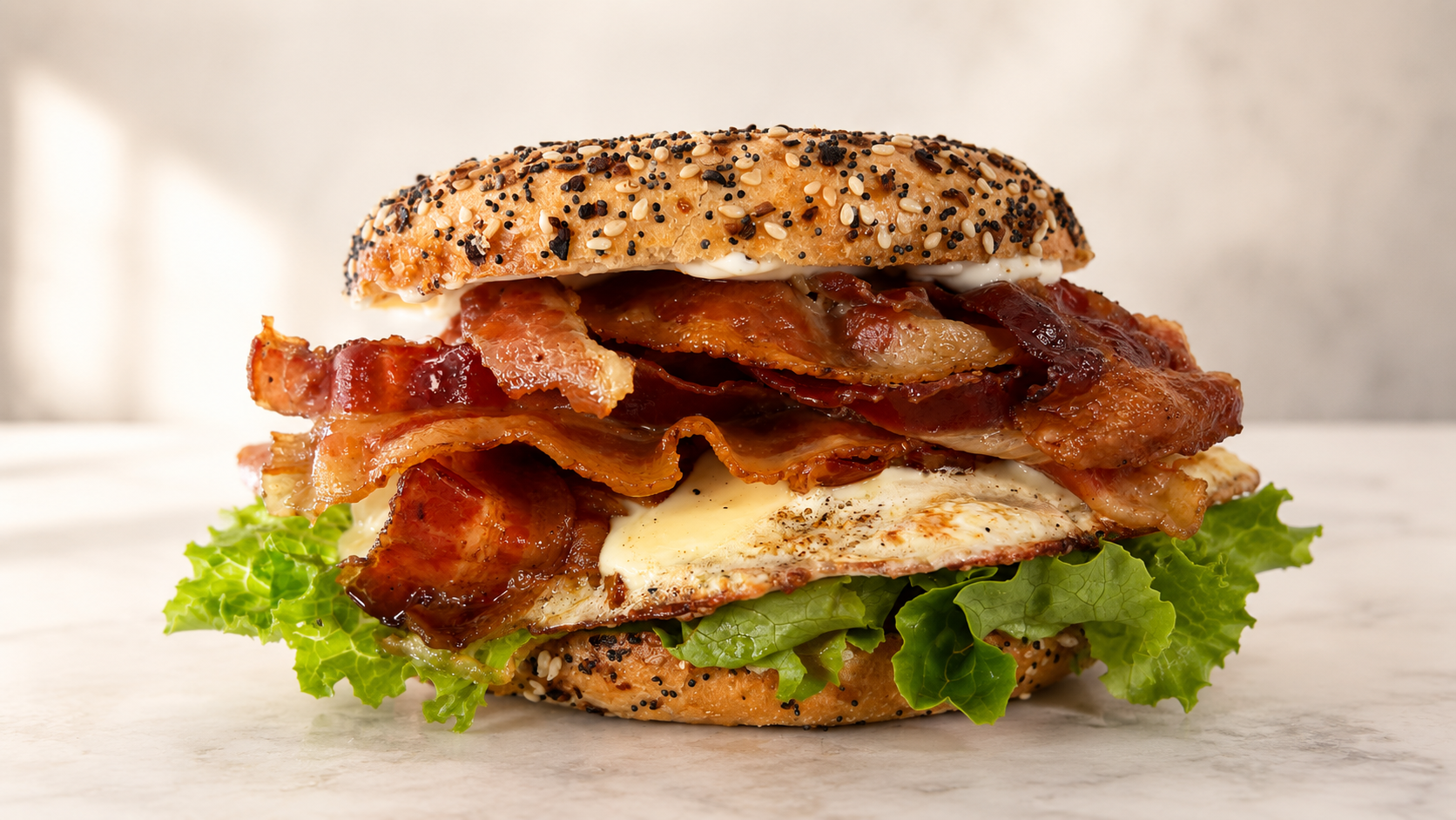 Bacon and egg breakfast sandwich on an everything bagel
