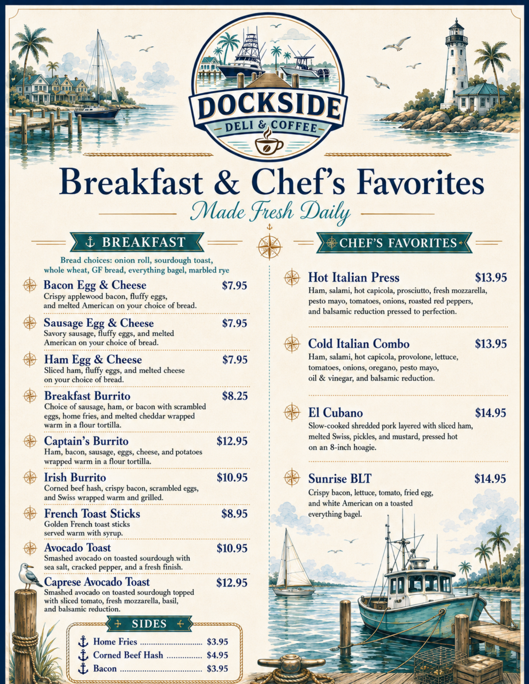 Dockside Deli breakfast and chef favorites menu page